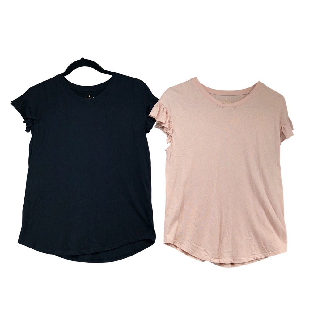 Kate Spade T-Shirt Womens Small Black Pink Ruffle Sleeve Crew Neck 2 Pack